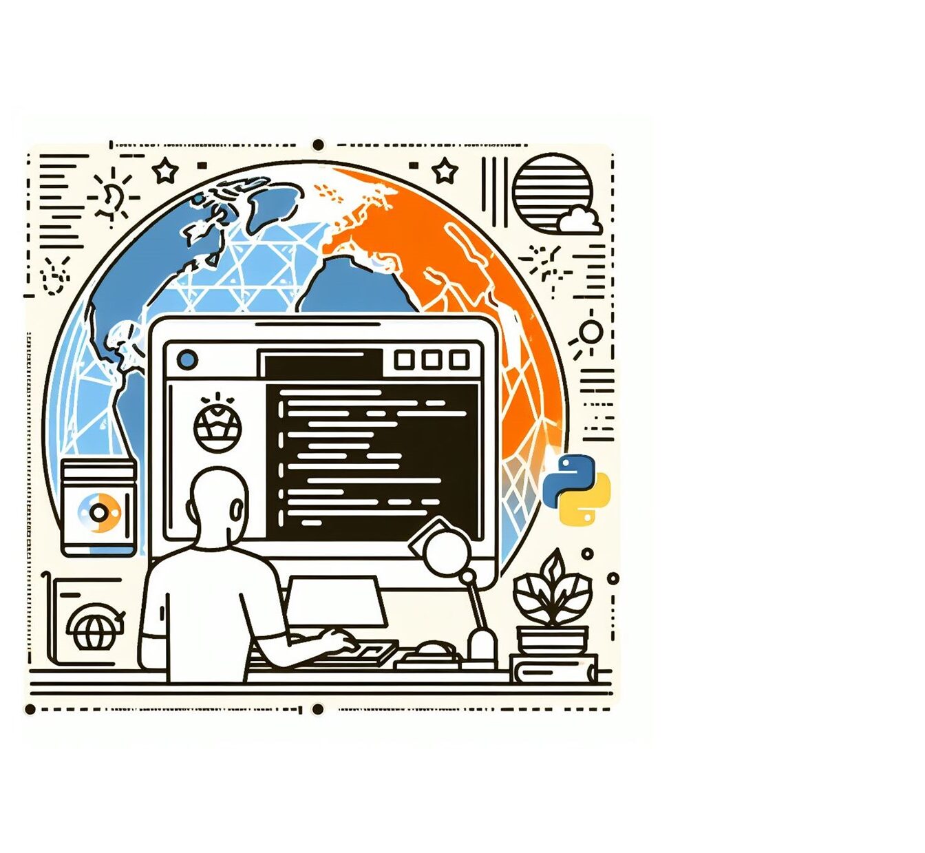 Lijntekening van een software-ontwikkelaar achter zijn computer. Met de aarde op de achtergrond. Gemaakt door DallE.
