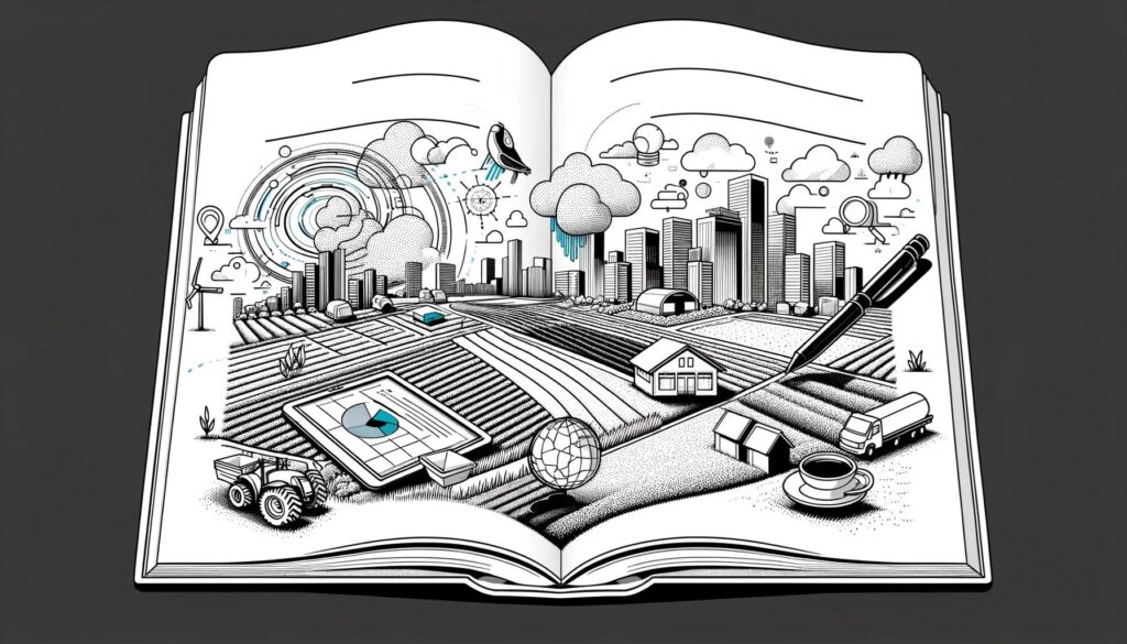 Illustratie van een open boek met op de pagina's een futuristisch landschap dat landbouw, stadsontwikkeling en technologie combineert. Het toont velden, een tractor, moderne gebouwen, wolken, een pen, en diverse technologische symbolen.