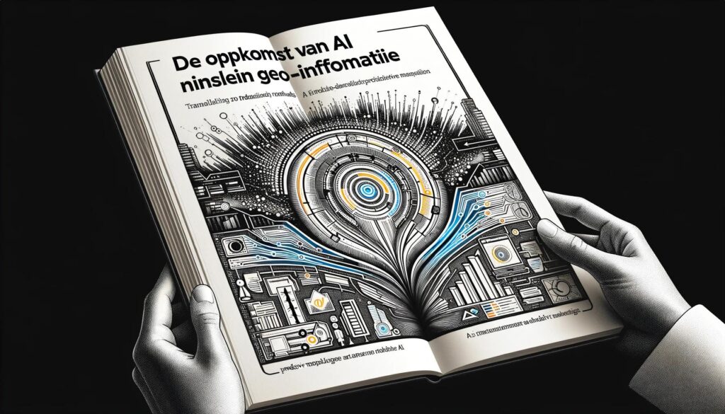 Handen houden een open boek vast met op de pagina's een futuristische illustratie van AI en geoinformatie, met de tekst 'De opkomst van AI in geoinformatie'. De afbeelding toont complexe netwerken en technische elementen.