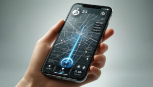 Smartphone met actieve GPS en digitale kaartinterface. Gedetailleerde routeweergave met heldere blauwe lijn voor nauwkeurige navigatie. Moderne technologie voor mobiele routeplanning en slimme stadsverkenning.