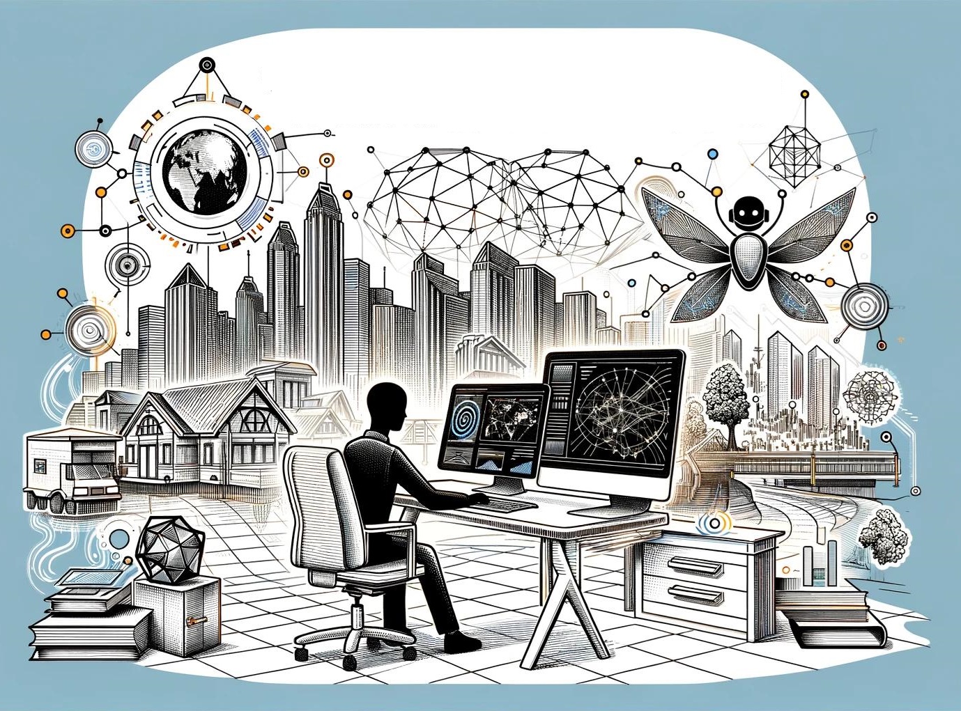 Futuristische stad met moderne wolkenkrabbers en traditionele huizen, centraal persoon achter computerschermen met data en netwerken, omringd door technologische symbolen en robotachtige elementen, illustratie van technologie en stadsplanning.