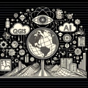 Illustratie van een wereldbol omringd door technologische en wetenschappelijke symbolen, met de woorden QGIS en AI in wolken. De afbeelding toont een oog, netwerken, grafieken en diverse technologiegerelateerde iconen die de connectie tussen geografie en kunstmatige intelligentie weergeven.