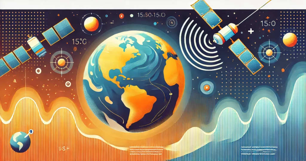 Kleurrijke afbeelding die remote sensing weergeeft. De aarde is te zien, evenals twee satellieten.