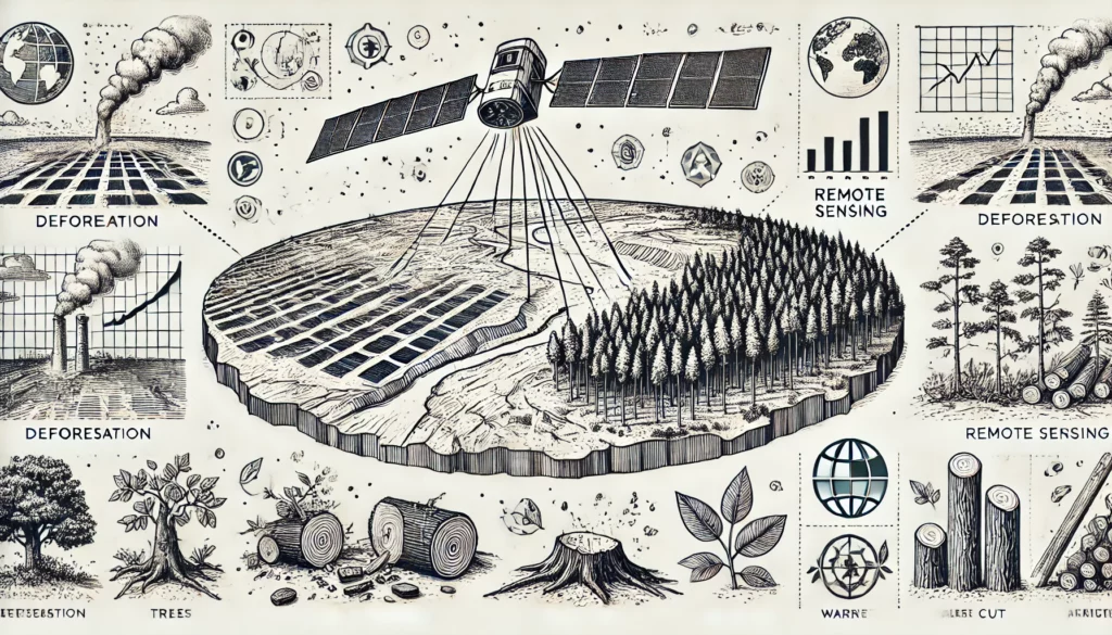 De afbeelding laat remote sensing en ontbossing zien.