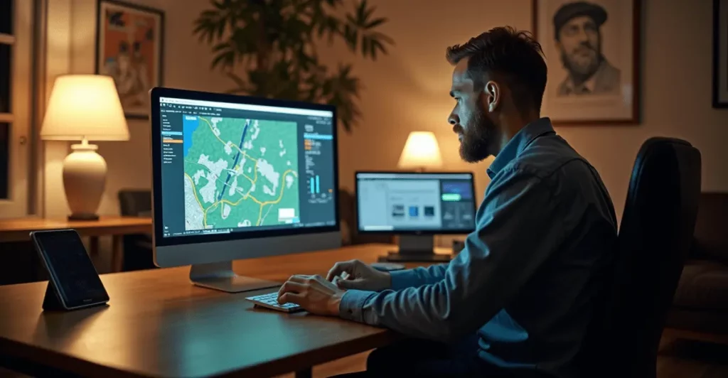Een GIS Specialist aan het werk in een kantoor met een digitale kaart op de achtergrond